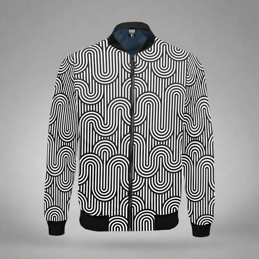 Black and white zip-up bomber jacket displayed flat against a gray background. The jacket features a bold, geometric pattern with vertical stripes and interlocking curved lines forming a repeating abstract design. It has black ribbed cuffs, waistband, and collar, along with a black zipper down the front.