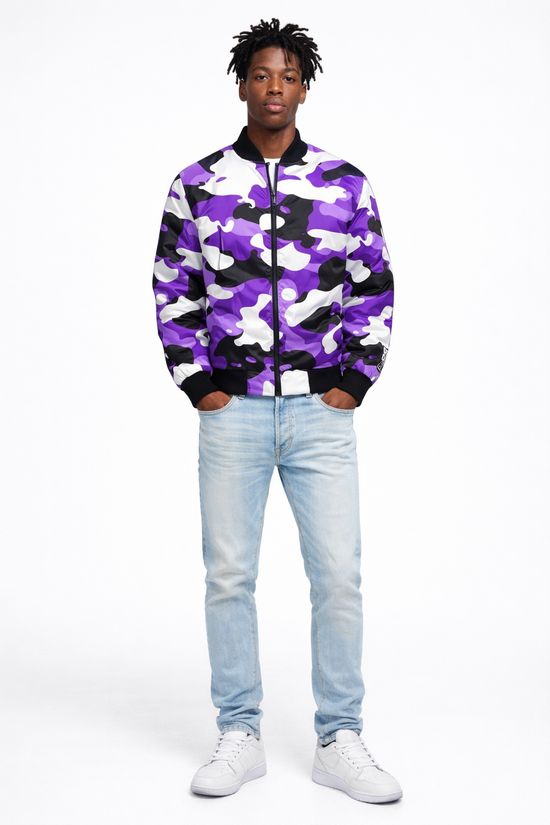 Purple Camo Bomber Jacket — All-Over Print