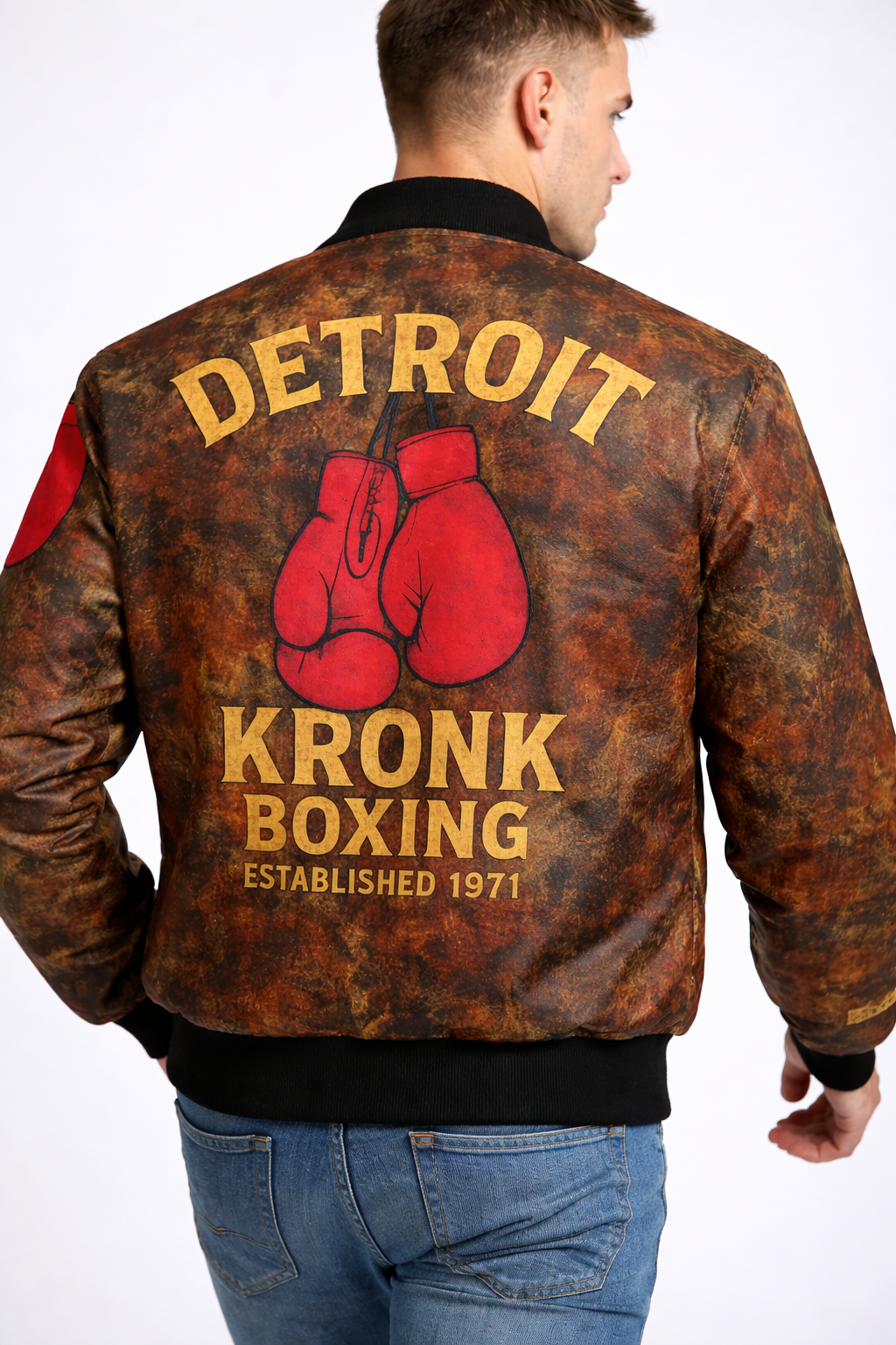 Person wearing a 'Detroit Kronk Boxing' jacket with boxing gloves graphic on a white background
