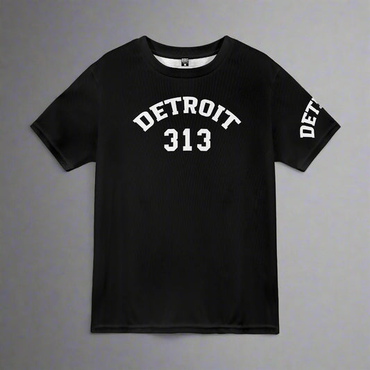 Black t-shirt with 'Detroit 313' printed on a white background