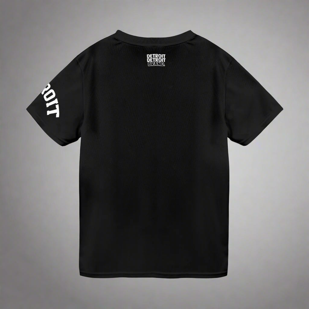Black t-shirt with text on the back and sleeve, on a white background
