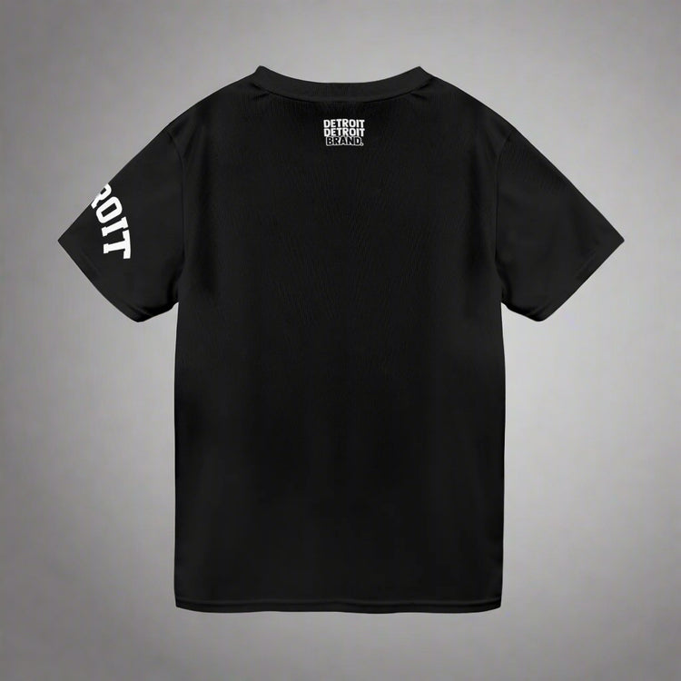 Black t-shirt with text on the back and sleeve, on a white background