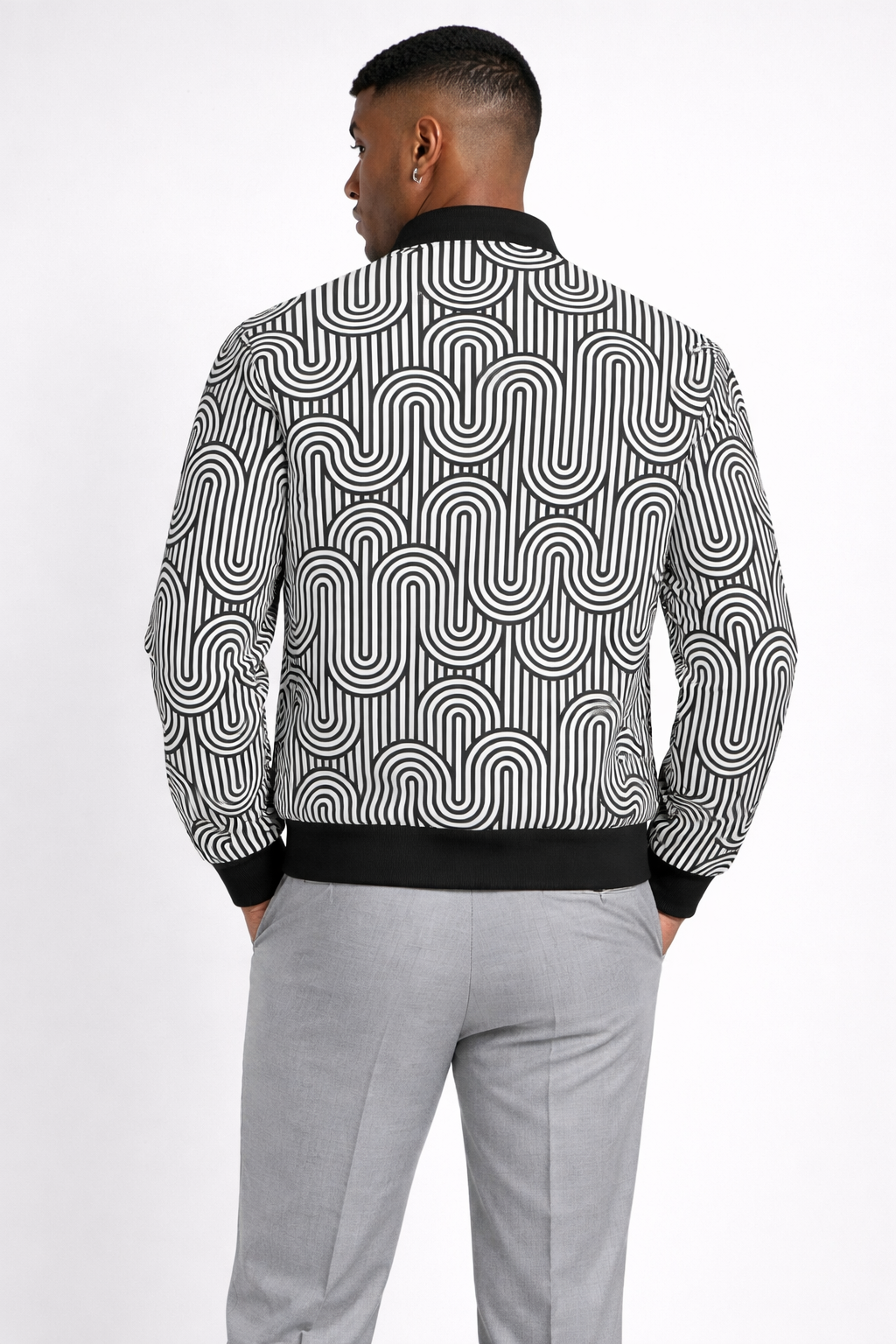 Monochrome Maze Bomber Jacket — Lightweight All Over Print