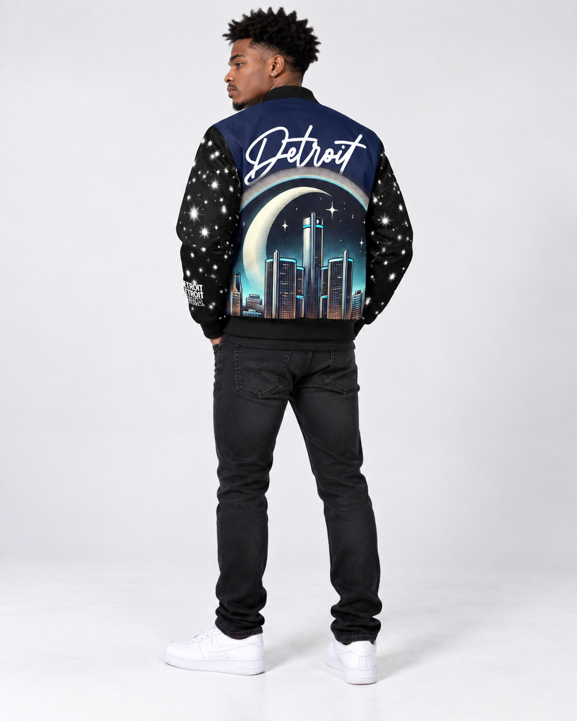 Model wearing the Detroit Skyline bomber jacket, back view