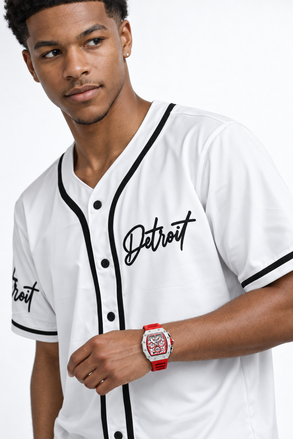 Detroit Script Baseball Jersey – White & Black