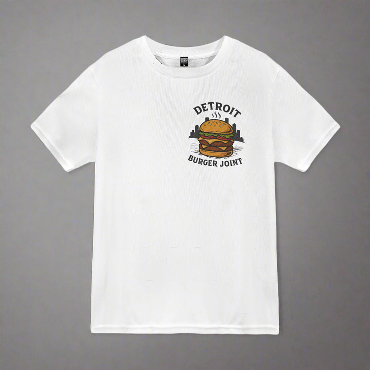 "White short-sleeve t-shirt laid flat on a gray background. The front of the shirt features a &