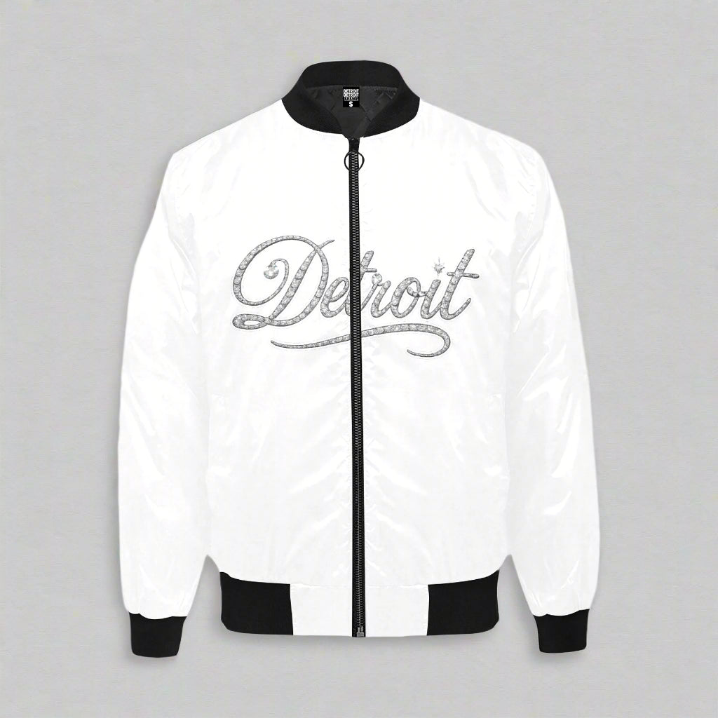 White bomber jacket with 'Detroit' text and black accents on a white background
