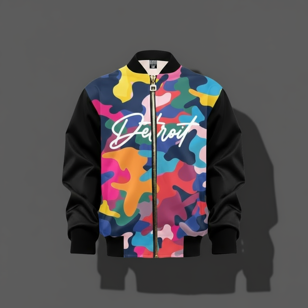 Kids bomber jacket featuring a bold multi-color camo design with black sleeves, a white “Detroit” script across the chest, and a gold zipper with black ribbed collar, cuffs, and hem.