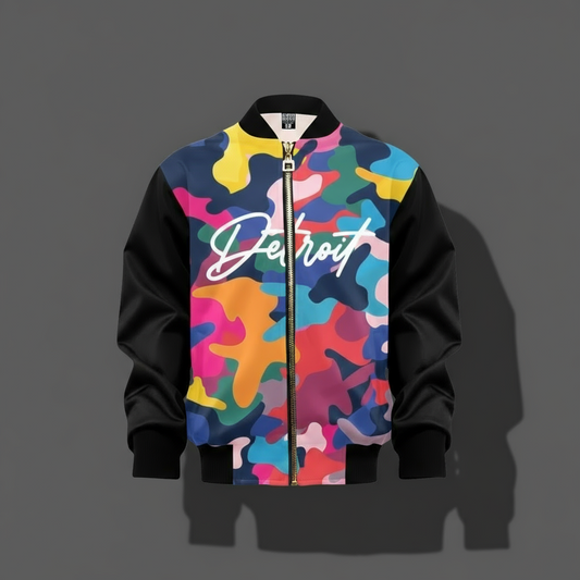 Kids bomber jacket featuring a bold multi-color camo design with black sleeves, a white “Detroit” script across the chest, and a gold zipper with black ribbed collar, cuffs, and hem.