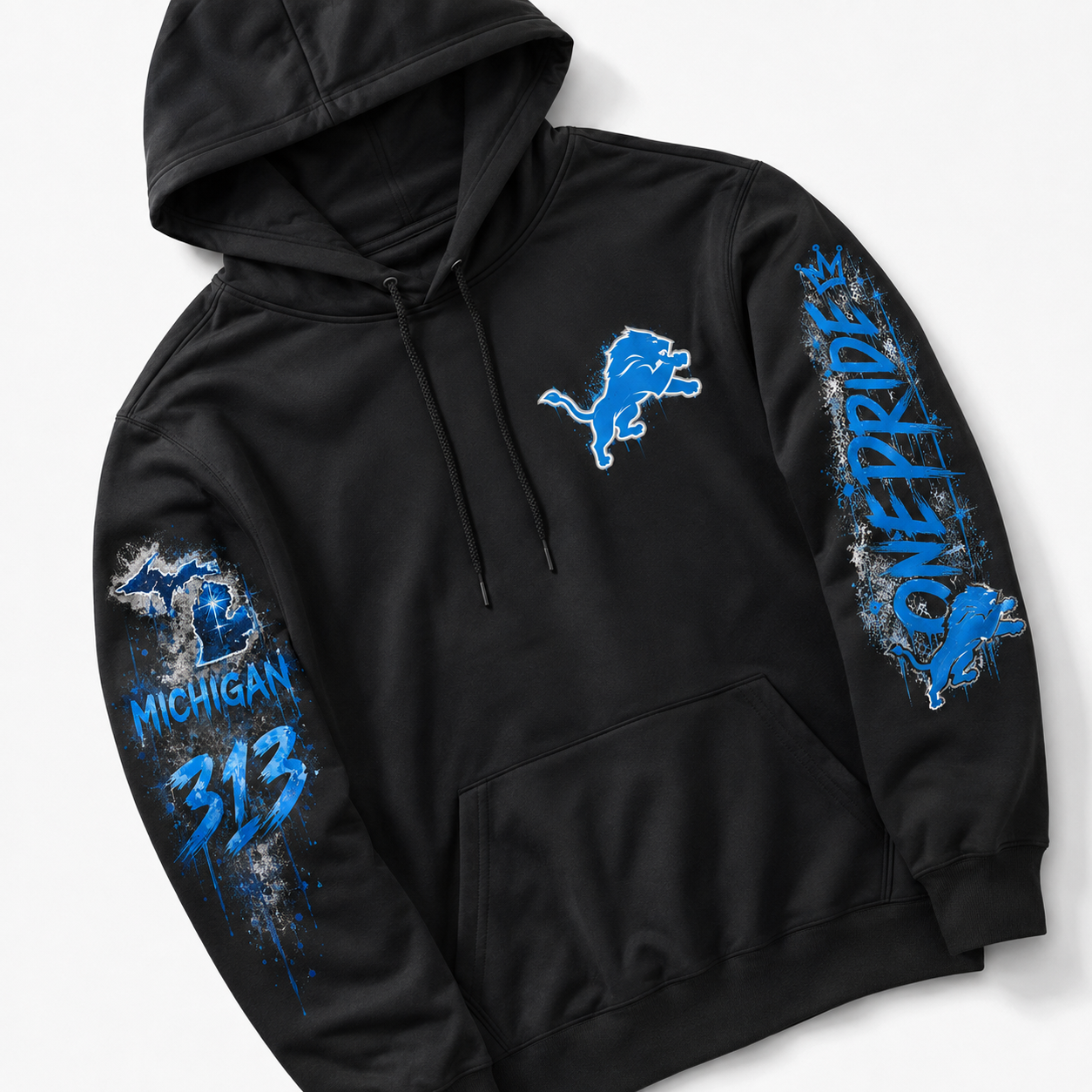 Black pullover hoodie with Detroit Lions themed graphics, featuring a blue lion logo on the chest, 'MICHIGAN 313' on one sleeve, and 'ONE PRIDE' with a lion graphic on the other sleeve, shown on a light gray background.