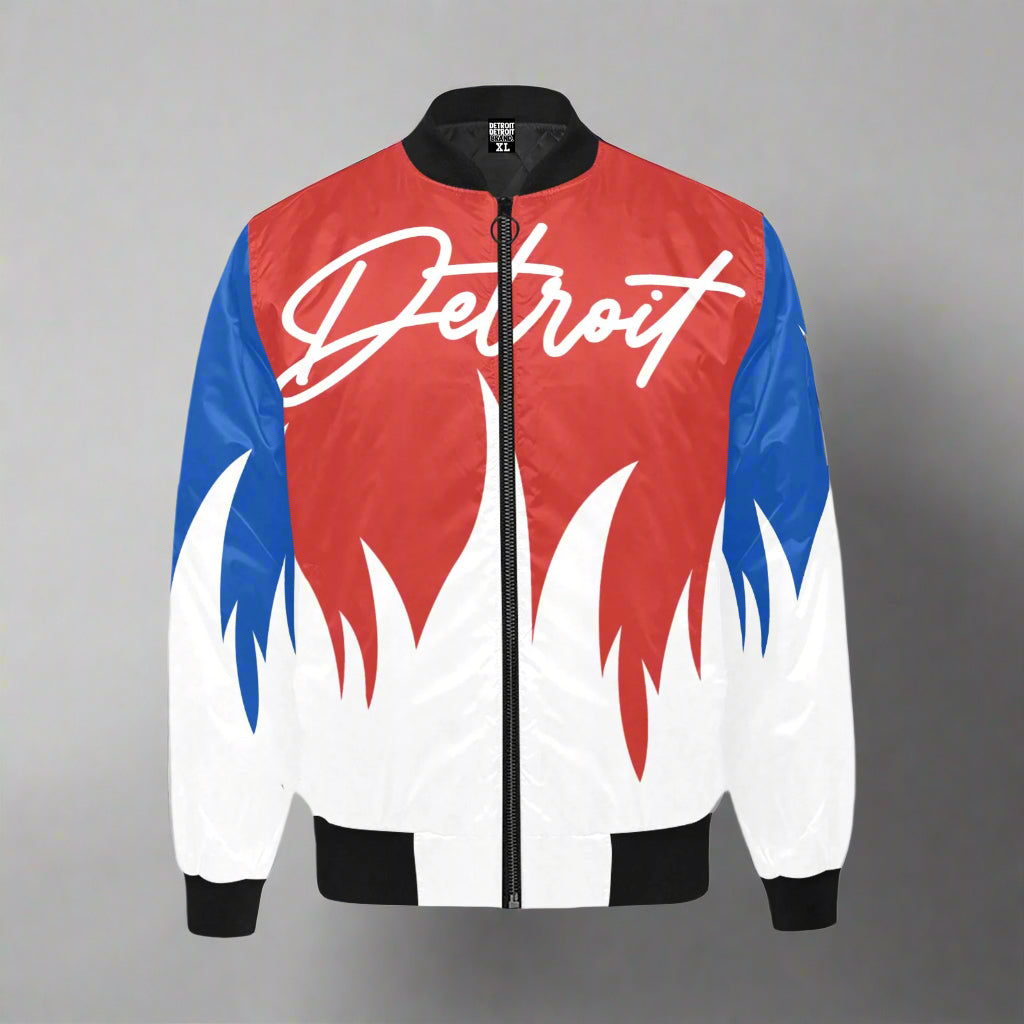 A Detroit Flame Bomber Jacket with a red, white, and blue flame design and the text &