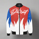 A Detroit Flame Bomber Jacket with a red, white, and blue flame design and the text &
