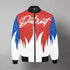 A Detroit Flame Bomber Jacket with a red, white, and blue flame design and the text &