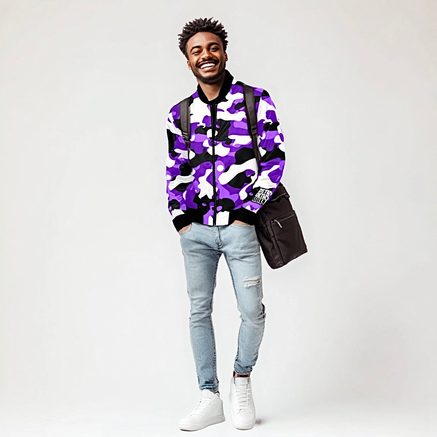 Purple Camo All Over Print Mens Bomber Jacket