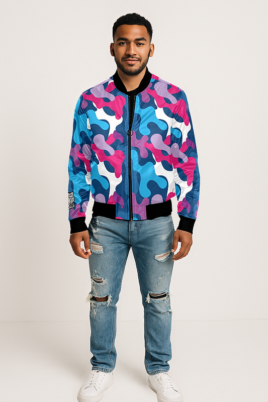 Multicolor All Over Print Mens Camo Bomber Jacket