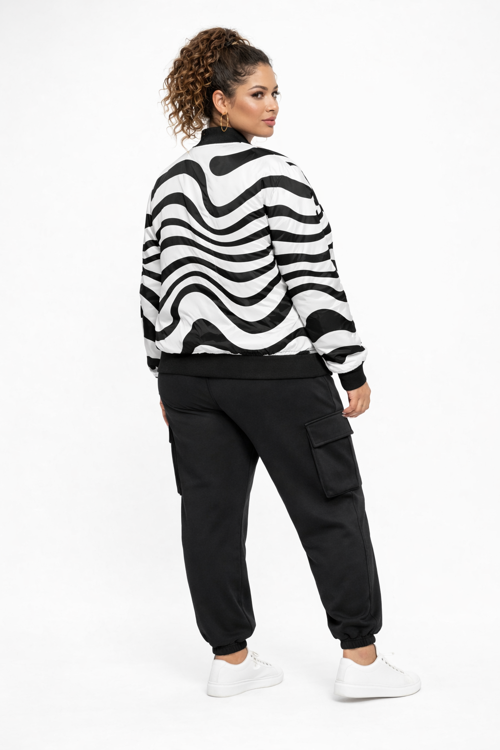 Black and White Wavy Bomber Jacket - All Over Print Edition for Trendy Outfits
