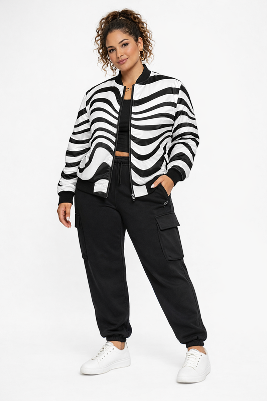Black and White Wavy Bomber Jacket - All Over Print Edition for Trendy Outfits