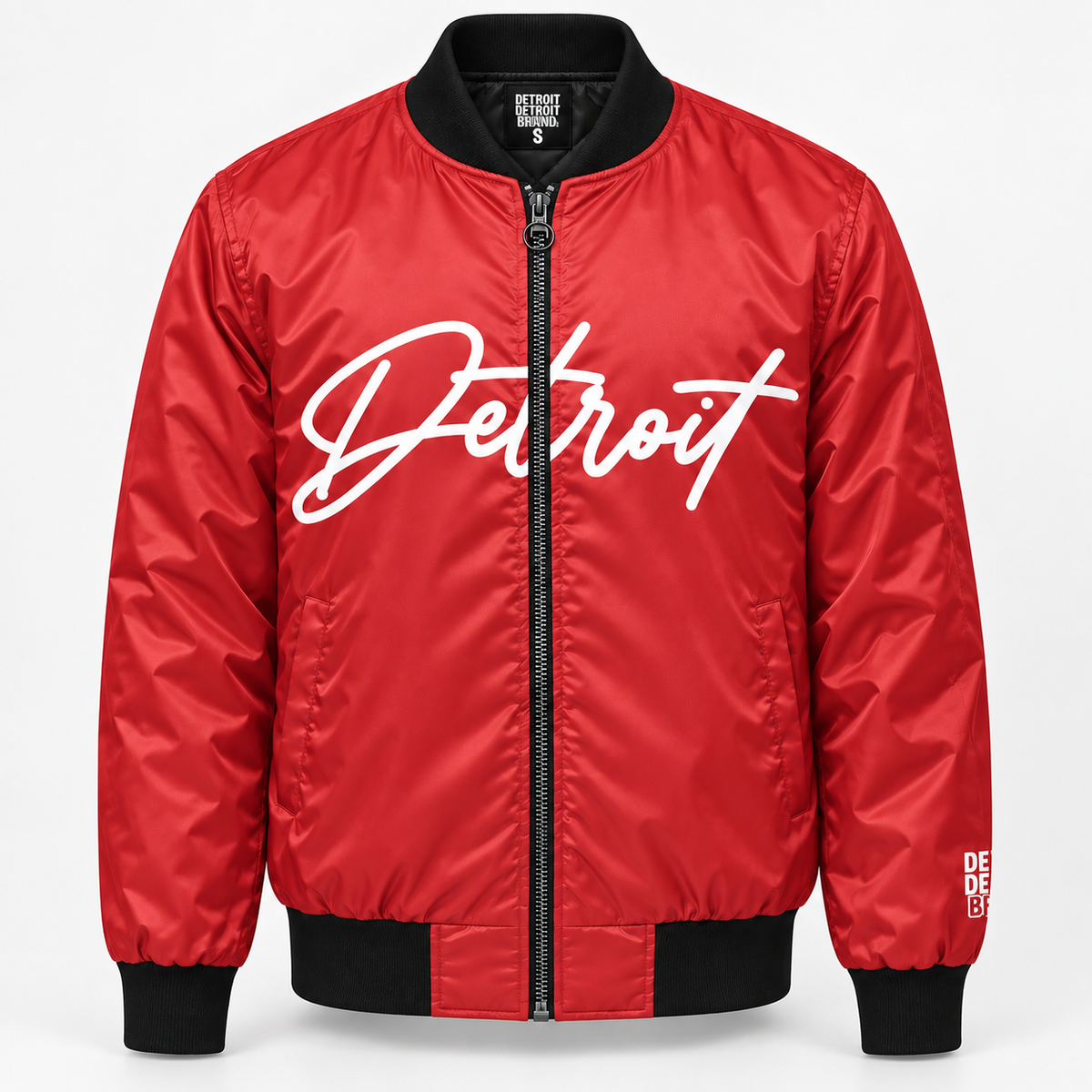     Front view of red Detroit Script Bomber Jacket with white Detroit lettering and black ribbed trim
