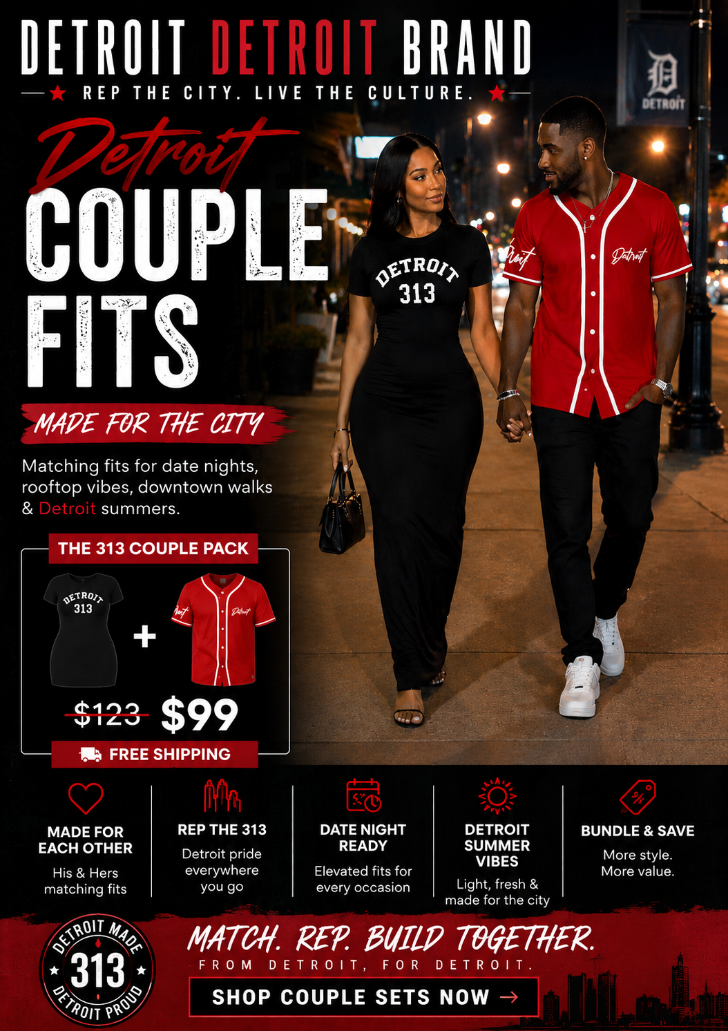 Couple wearing matching 'Detroit 313' outfits with promotional text and graphics.