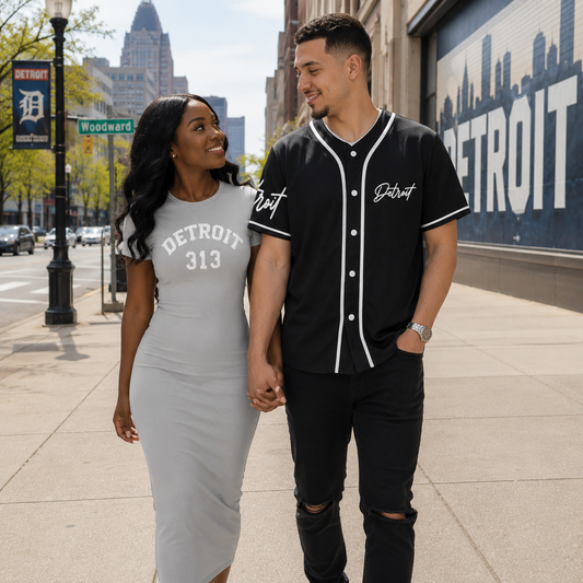 Couple holding hands on a city street with 'Detroit' in the background