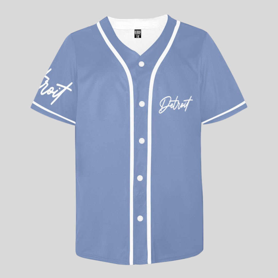 Light blue baseball jersey with white button-up front, white trim, and “Detroit” written in white script on the chest and sleeve.