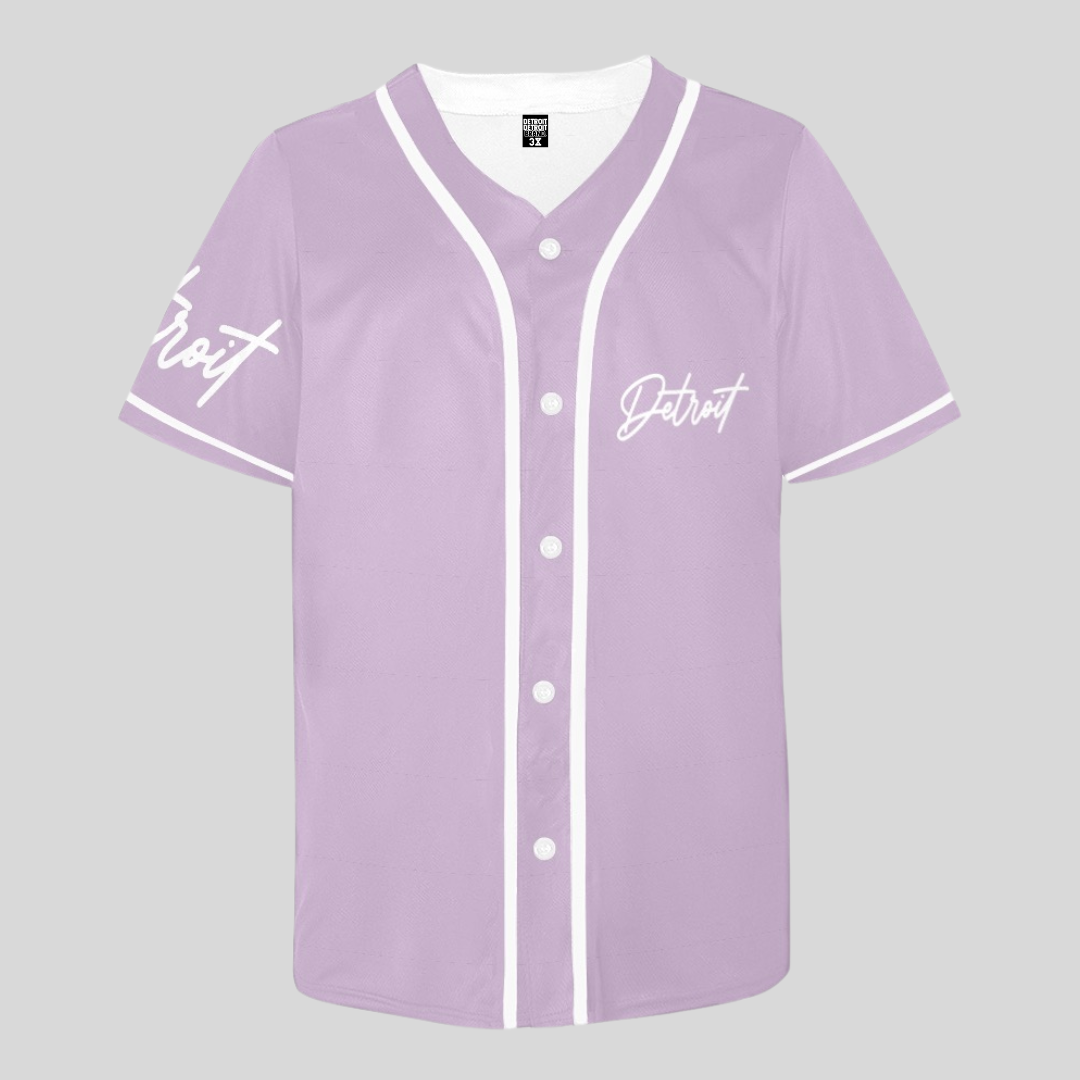 Light Purple baseball jersey with white button-up front, white trim, and “Detroit” written in white script on the chest and sleeve.