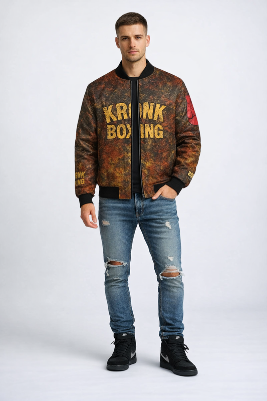Man wearing a 'Kronk Boxing' jacket and ripped jeans on a white background