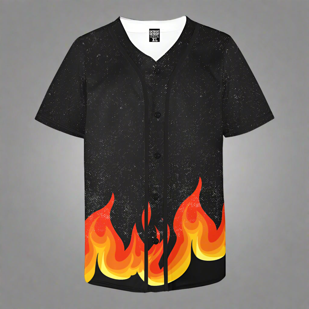 Black baseball jersey with flame design on a white background