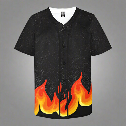 Black baseball jersey with flame design on a white background