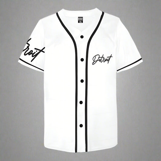 White baseball jersey with black lettering on a white background