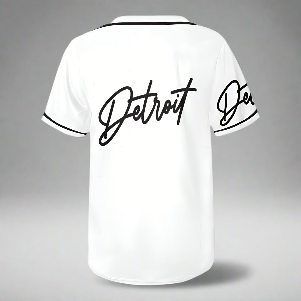 White t-shirt with 'Detroit' printed on a white background