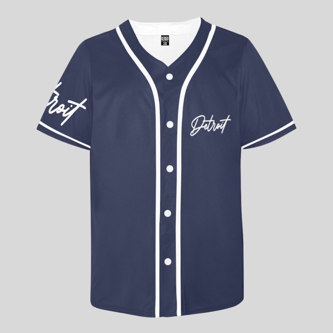 Navy Blue baseball jersey with white button-up front, white trim, and “Detroit” written in white script on the chest and sleeve.