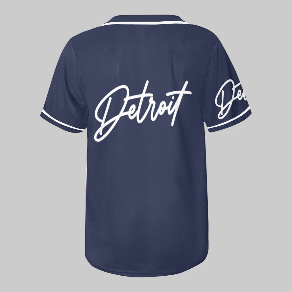 Navy Blue baseball jersey with white button-up front, white trim, and “Detroit” written in white script on the chest and sleeve.