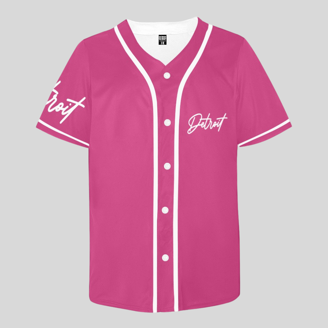 Pink baseball jersey with white button-up front, white trim, and “Detroit” written in white script on the chest and sleeve.