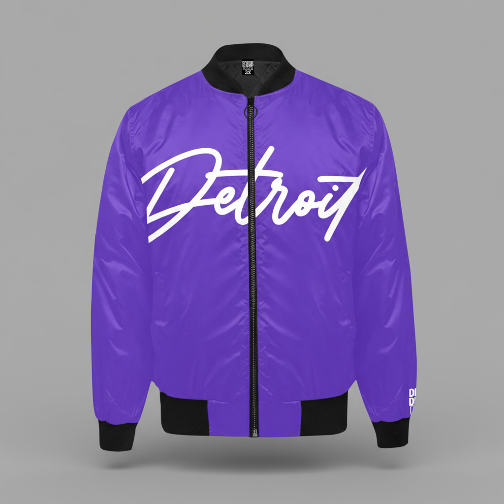 Purple jacket with 'Detroit' text on a white background
