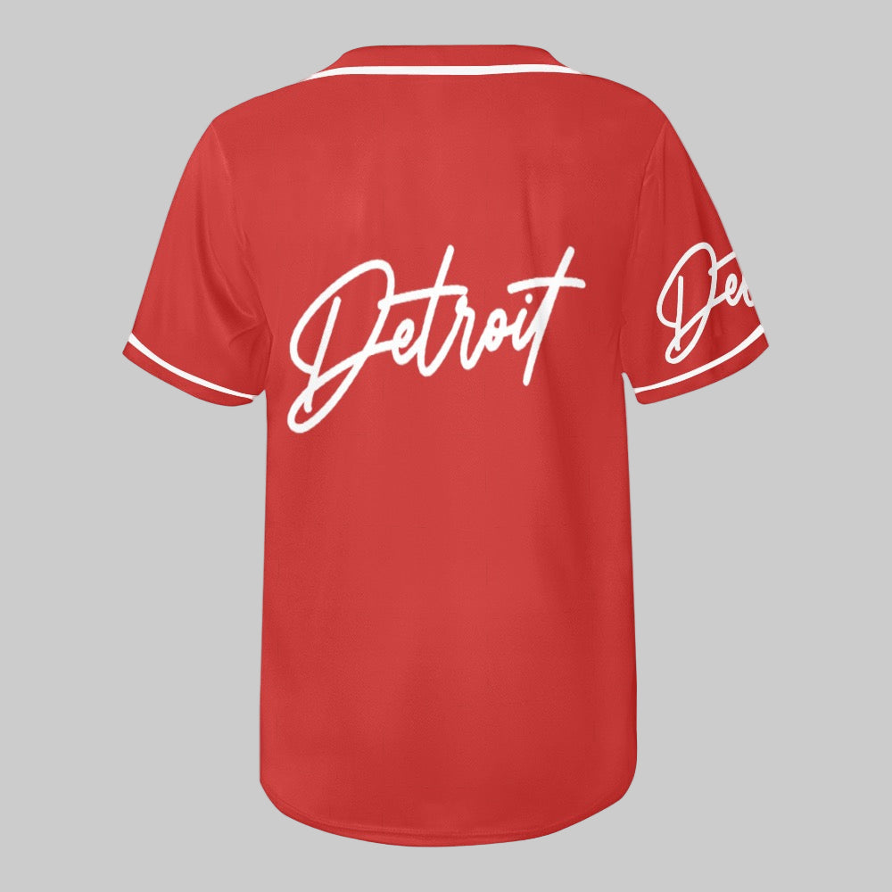Red baseball jersey with white button-up front, white trim, and “Detroit” written in white script on the chest and sleeve.