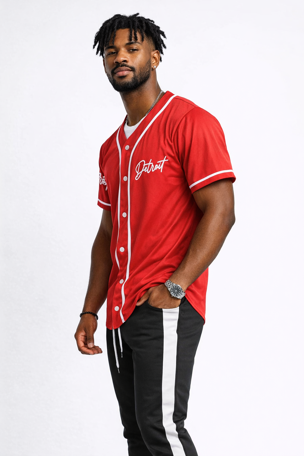Man wearing a red baseball jersey with 'Detroit' text on a white background