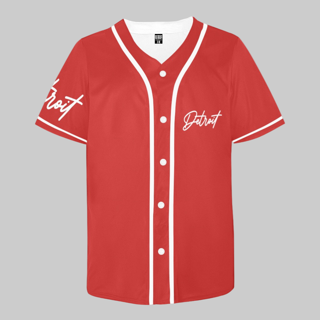 Red baseball jersey with white button-up front, white trim, and “Detroit” written in white script on the chest and sleeve.