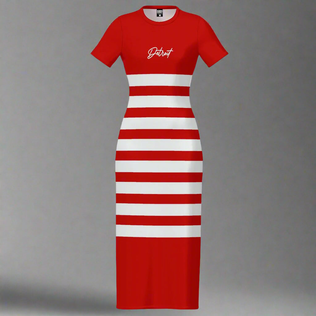 Red and white striped maxi dress displayed flat against a gray background. The dress has short sleeves and features a solid red top with the word 'Detroit' printed in a white cursive font on the chest. The lower part of the dress consists of alternating horizontal red and white stripes, creating a bold, eye-catching design.