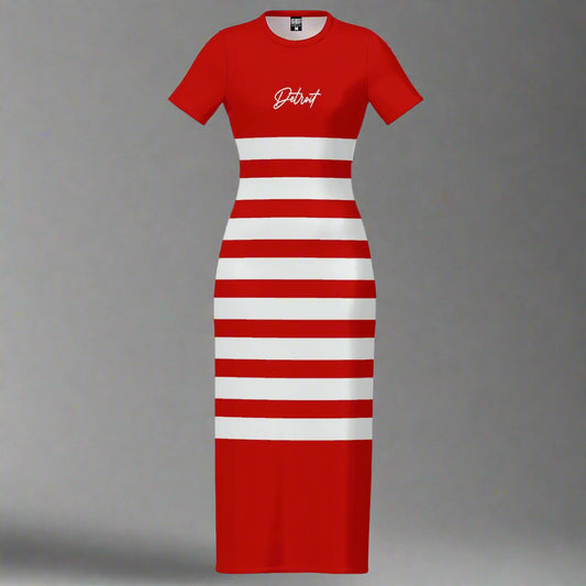 Red and white striped maxi dress displayed flat against a gray background. The dress has short sleeves and features a solid red top with the word 'Detroit' printed in a white cursive font on the chest. The lower part of the dress consists of alternating horizontal red and white stripes, creating a bold, eye-catching design.