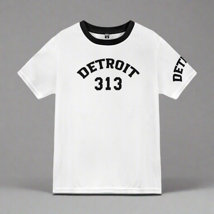 White short-sleeve t-shirt displayed flat against a gray background. The shirt features black text with the word &