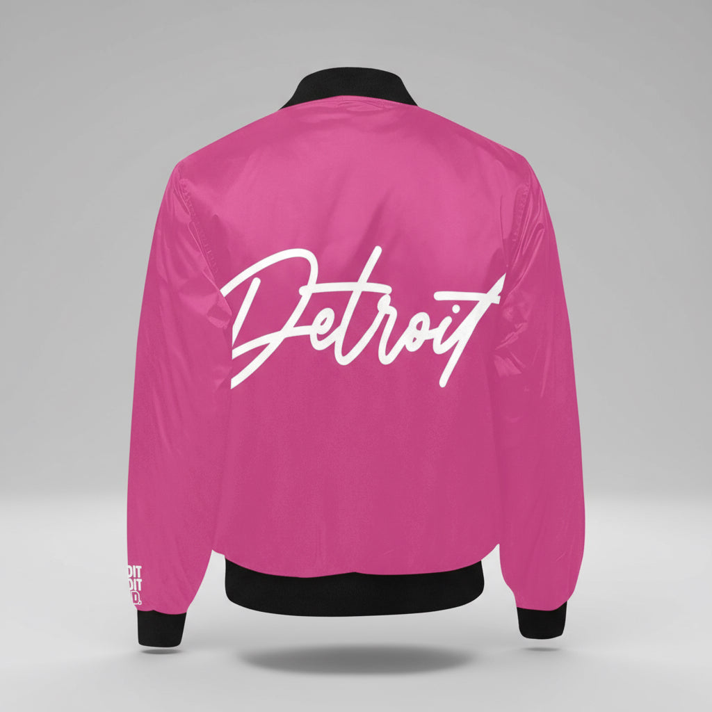 Pink jacket with 'Detroit' written on the back against a white background