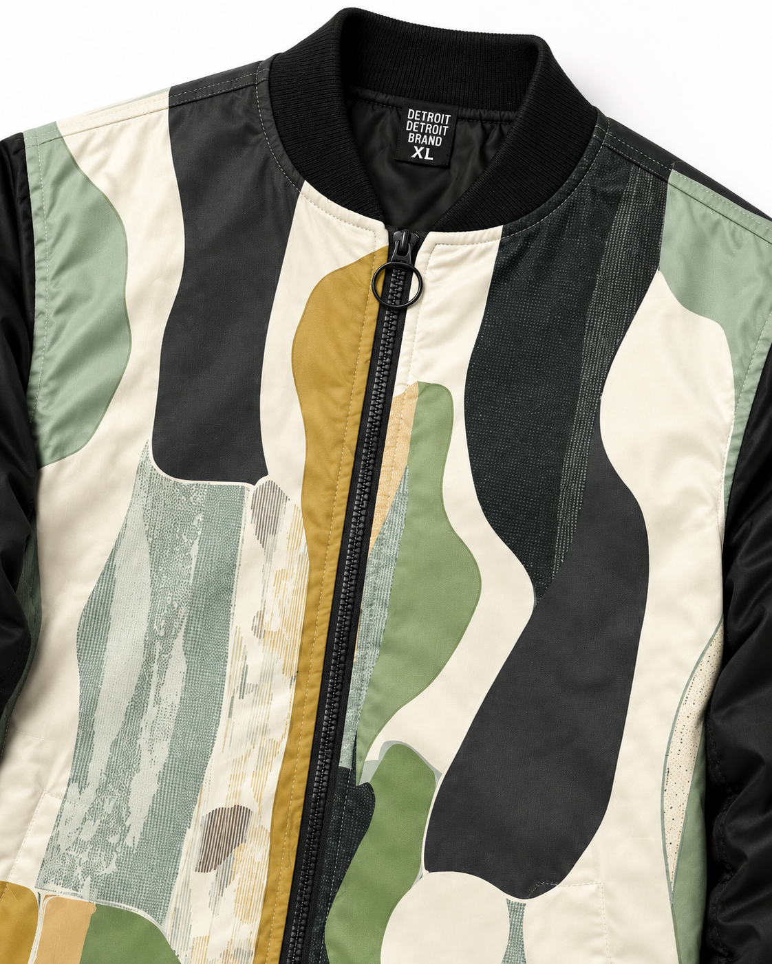 Close-up detail of Abstract Terrain Bomber Jacket showing printed polyester fabric, ribbed collar and zipper