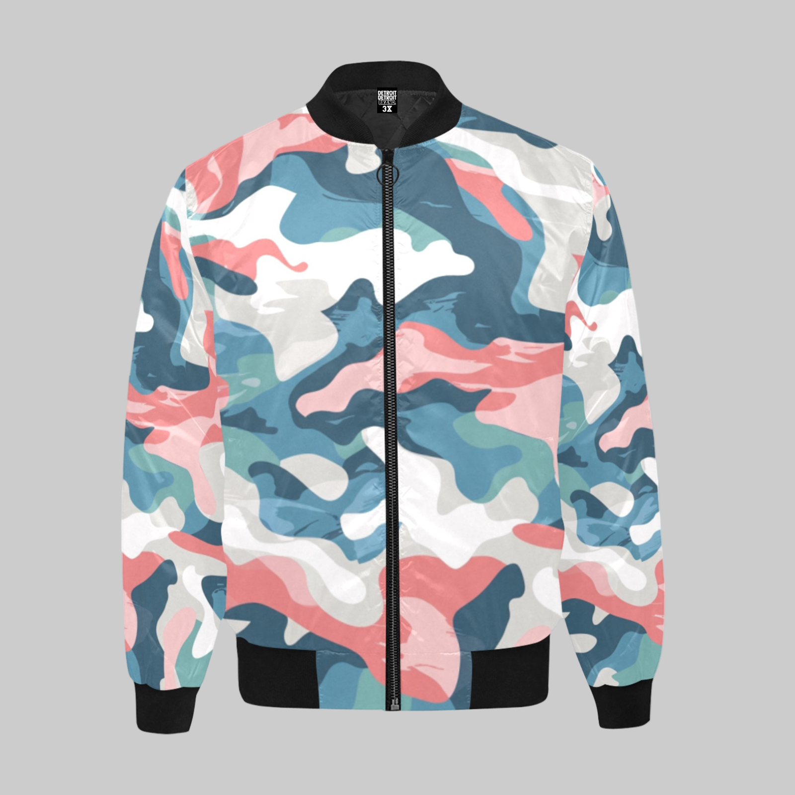 Trendy unisex bomber jacket with pink, blue, teal, and white camouflage print — stylish streetwear camo jacket with black collar, cuffs, and waistband, perfect for casual fashion outfits.
