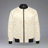 Cream baroque-patterned bomber jacket with black collar and cuffs, luxury Detroit streetwear design
