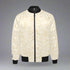 Cream baroque-patterned bomber jacket with black collar and cuffs, luxury Detroit streetwear design