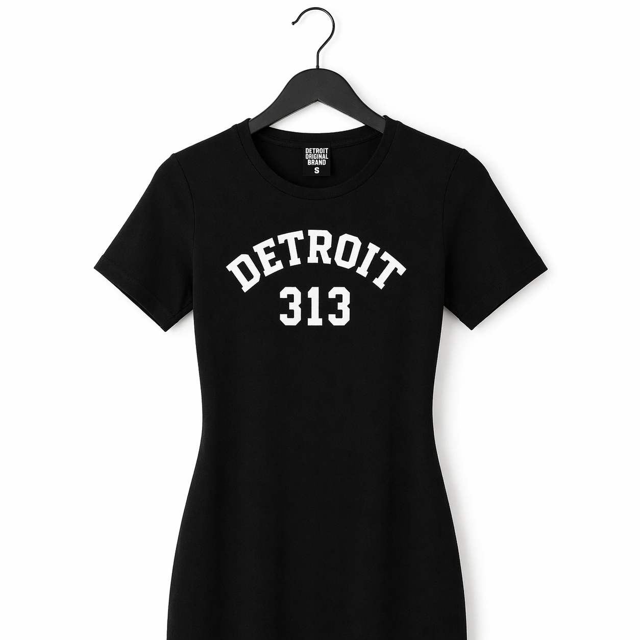 Black Detroit 313 fitted maxi dress displayed on a hanger, showing upper detail with neckline, logo print, and fabric texture on a clean white studio background.