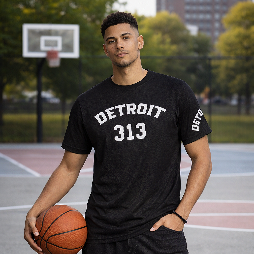 Male model wearing black Detroit 313 t-shirt and matching basketball shorts holding a basketball on an outdoor court