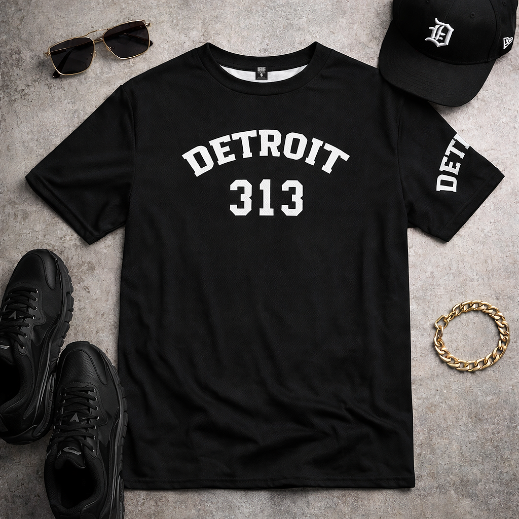 Black Detroit 313 t-shirt flat lay with black sneakers, Detroit D hat, sunglasses and gold bracelet on textured background