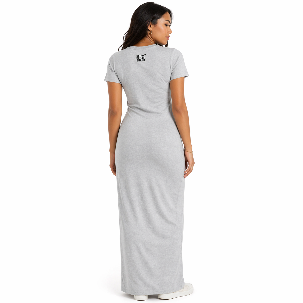 Back view of woman wearing fitted grey Detroit 313 maxi dress with short sleeves on a clean white background, showcasing rear fit and silhouette